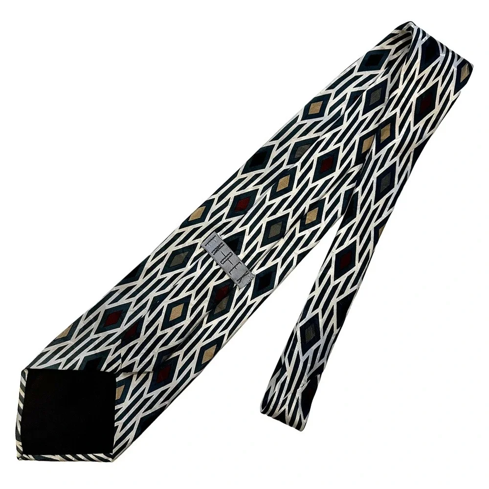 INDEX Vintage Men's Diamond Geo Pattern Silk‎ Tie • white, blue, multicolor